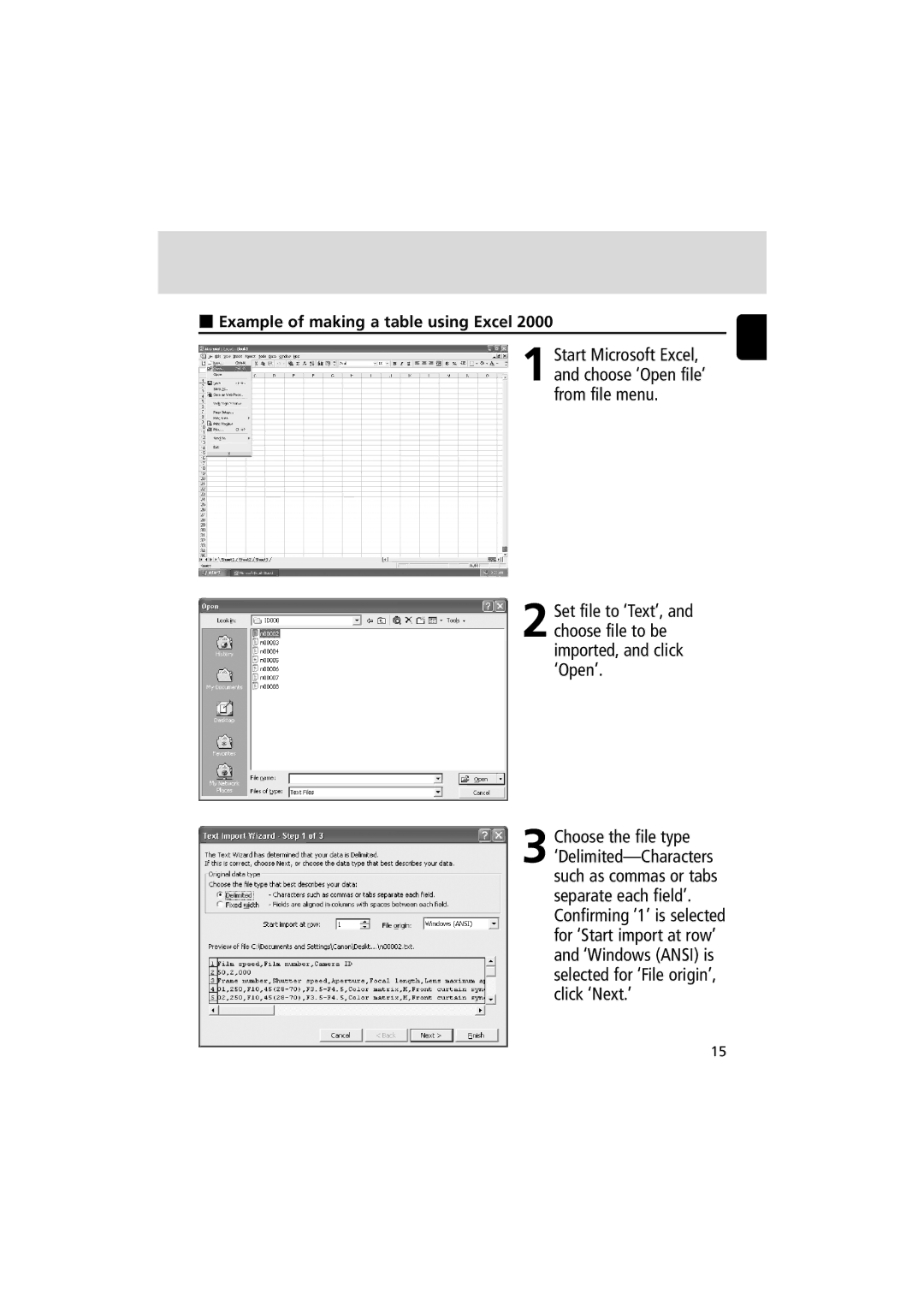 Nikon MV-1 instruction manual Example of making a table using Excel 