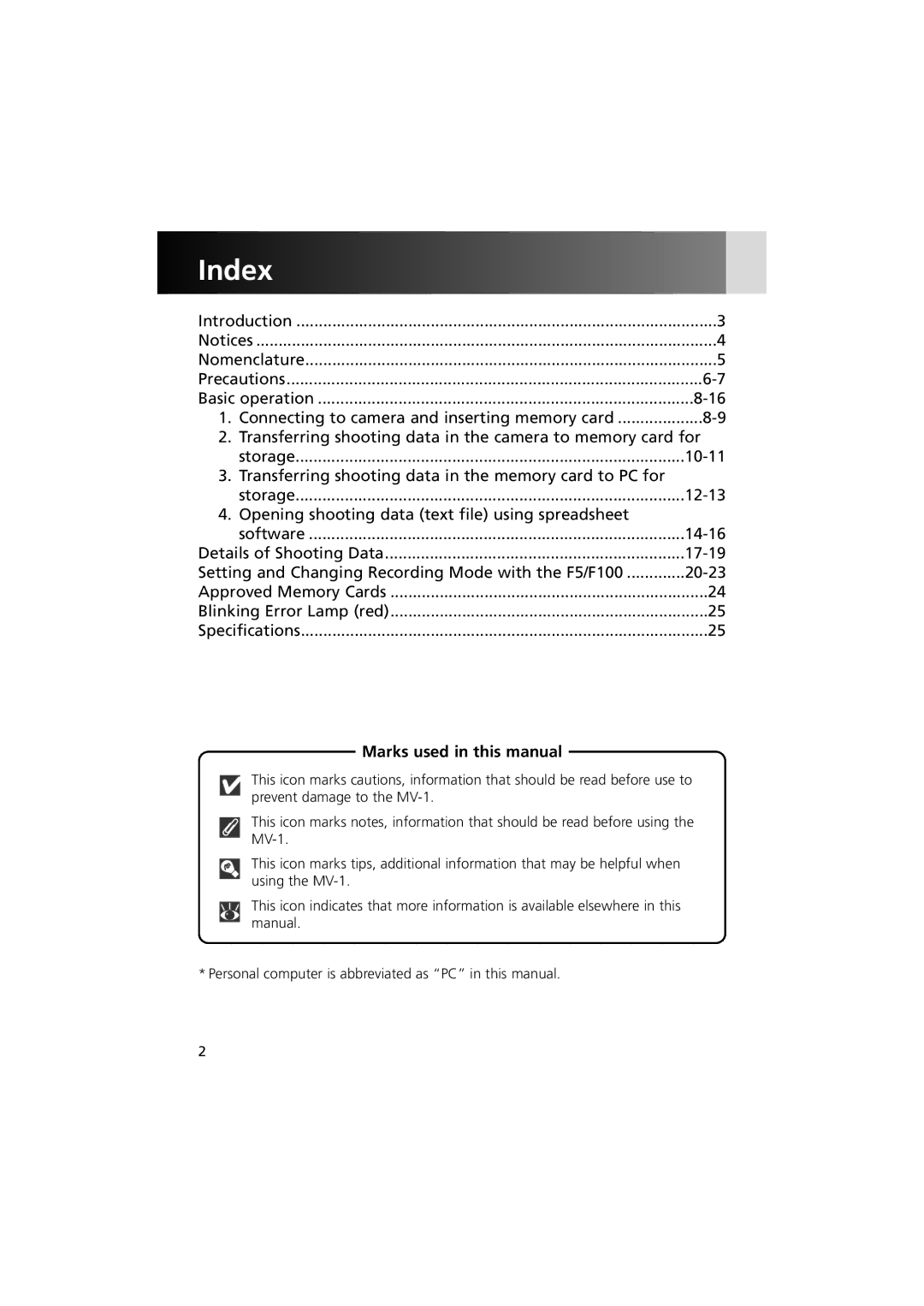 Nikon MV-1 instruction manual Index, Marks used in this manual 