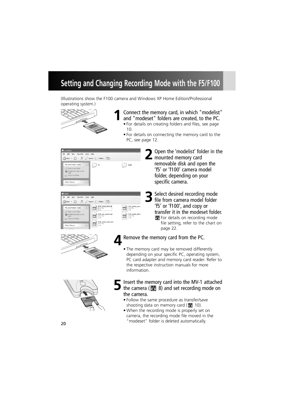 Nikon MV-1 instruction manual Setting and Changing Recording Mode with the F5/F100 