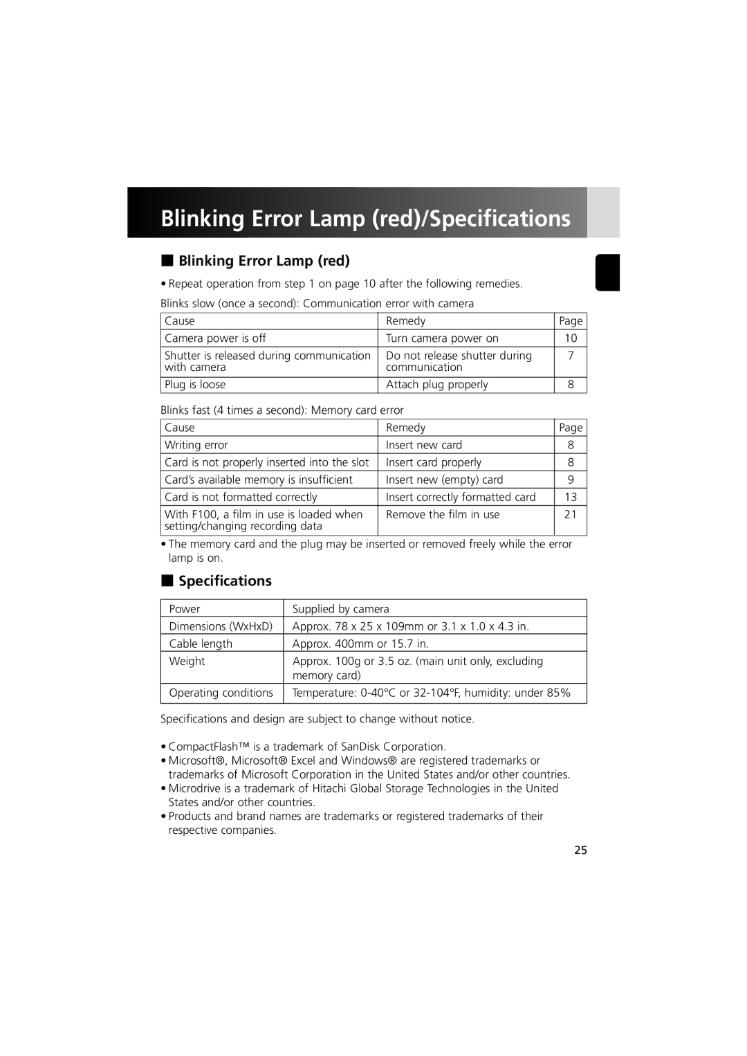 Nikon MV-1 instruction manual Blinking Error Lamp red/Specifications 