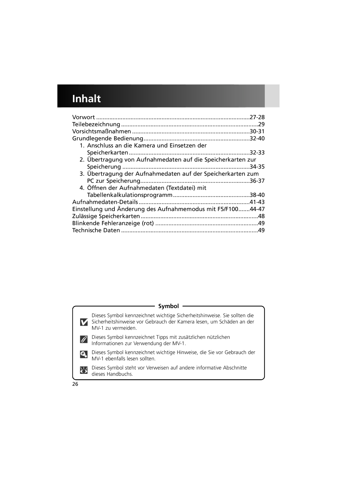 Nikon MV-1 instruction manual Inhalt, Symbol 