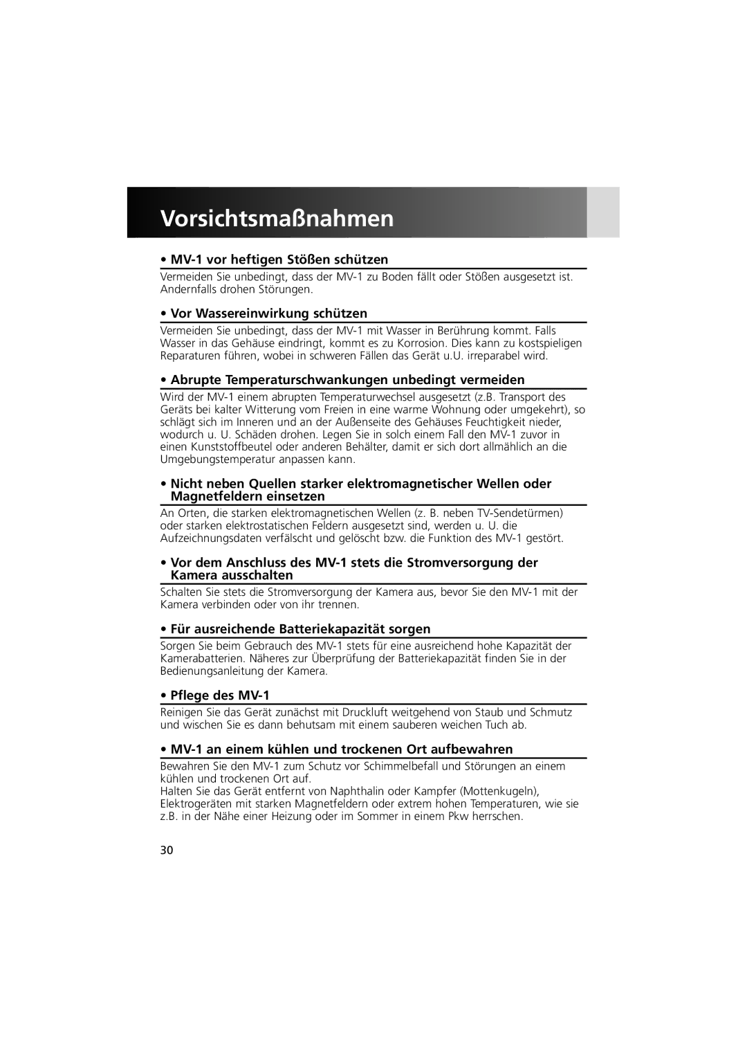 Nikon MV-1 instruction manual Vorsichtsmaßnahmen 