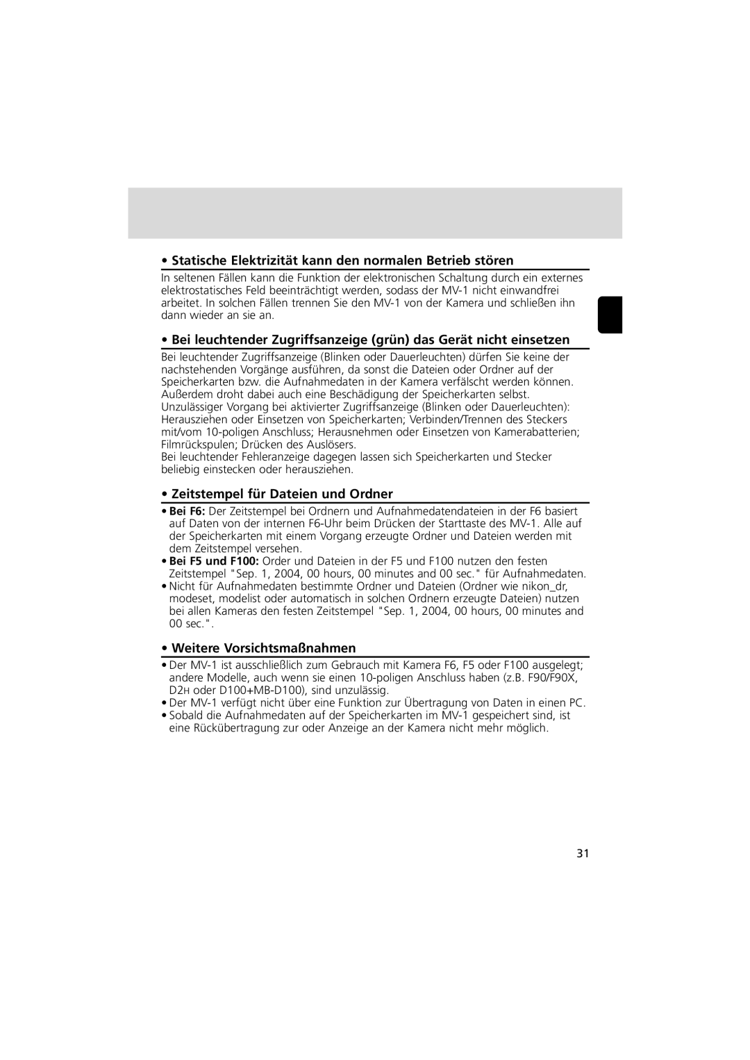 Nikon MV-1 instruction manual Statische Elektrizität kann den normalen Betrieb stören, Zeitstempel für Dateien und Ordner 