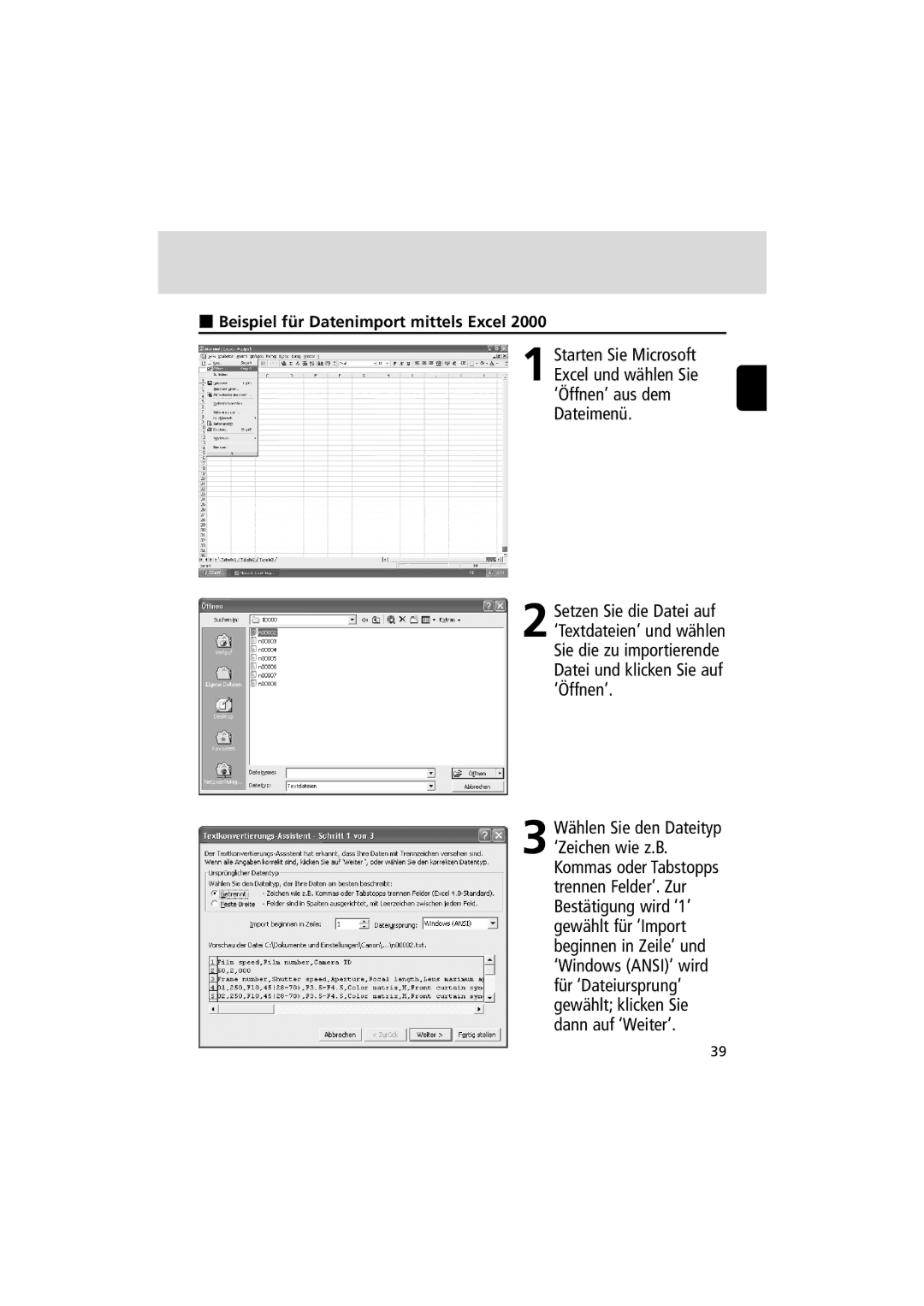 Nikon MV-1 instruction manual Beispiel für Datenimport mittels Excel 