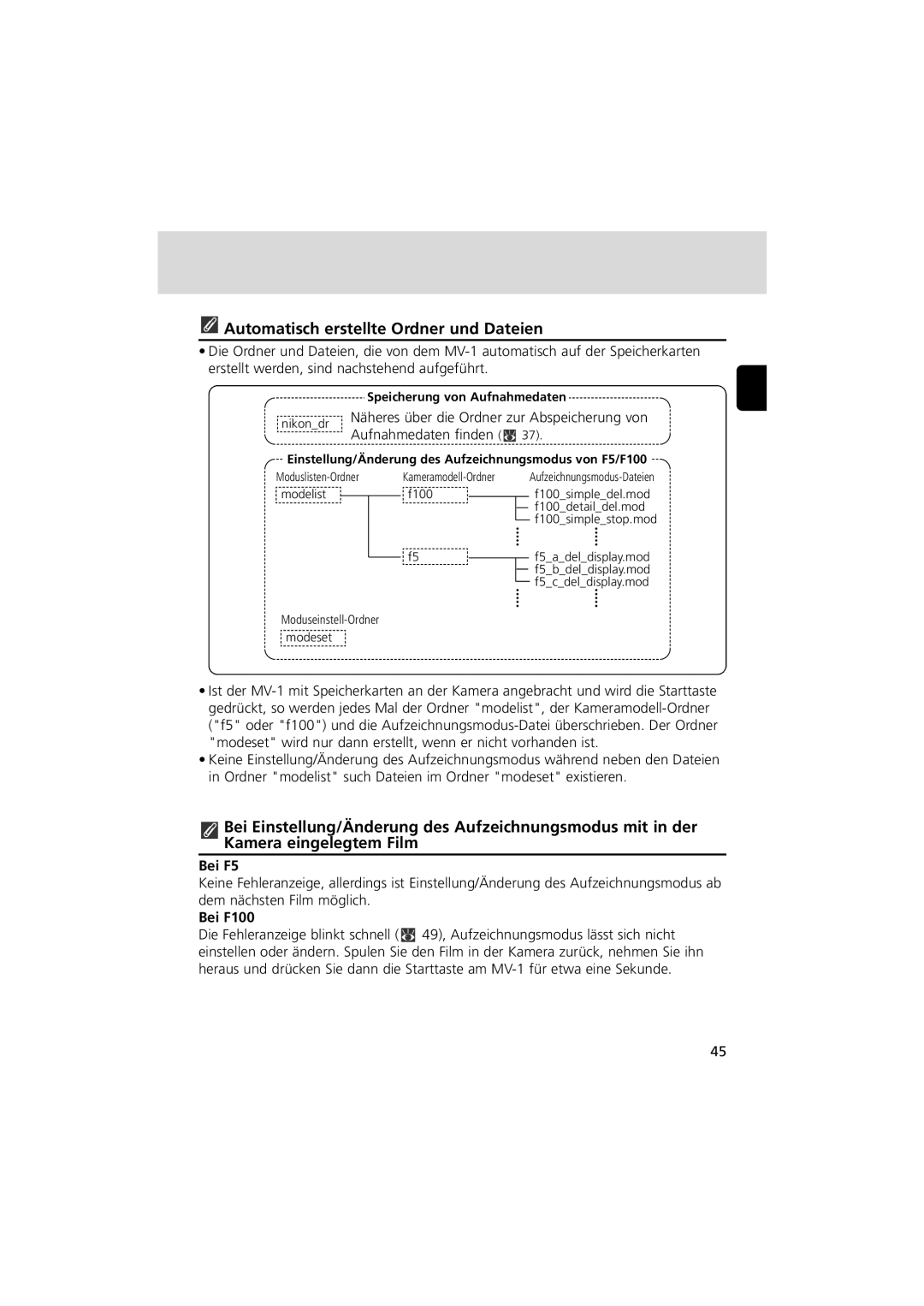 Nikon MV-1 instruction manual Automatisch erstellte Ordner und Dateien, Aufnahmedaten finden x, Bei F5, Bei F100 