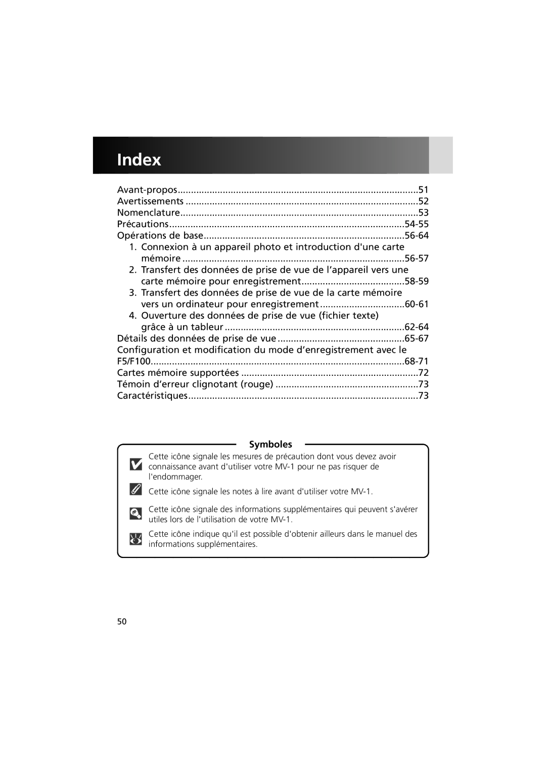 Nikon MV-1 instruction manual Symboles 