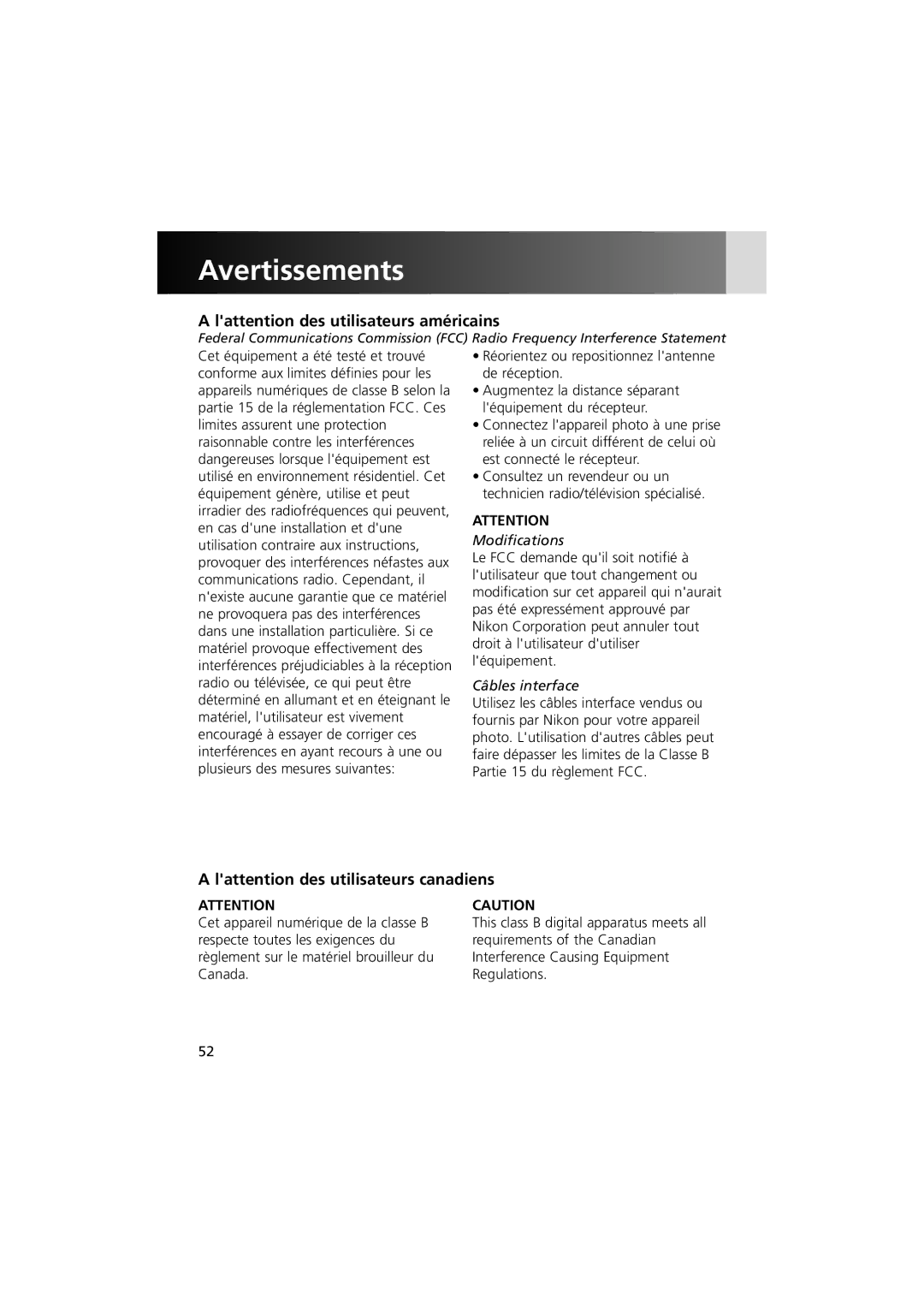 Nikon MV-1 instruction manual Avertissements, Lattention des utilisateurs américains, Lattention des utilisateurs canadiens 