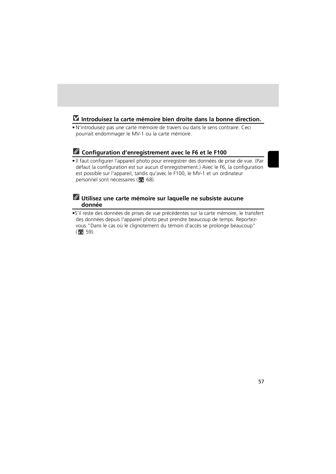 Nikon MV-1 instruction manual Configuration d’enregistrement avec le F6 et le F100 