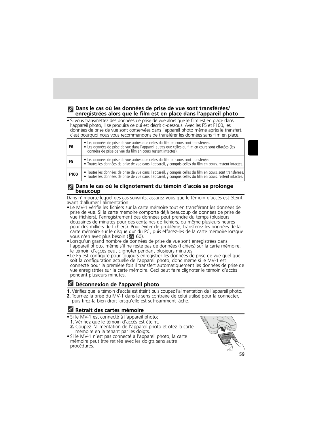 Nikon MV-1 instruction manual Déconnexion de l’appareil photo, Retrait des cartes mémoire 