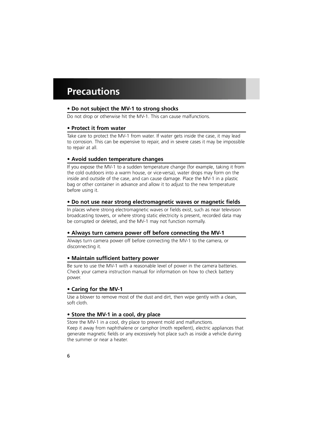 Nikon MV-1 instruction manual Precautions 