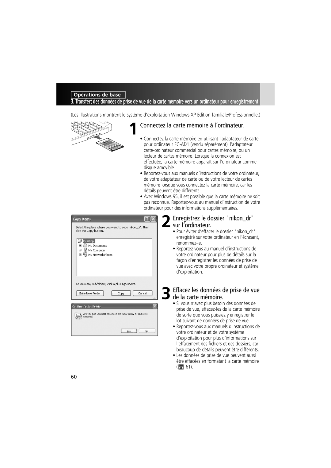 Nikon MV-1 instruction manual Connectez la carte mémoire à l’ordinateur, Enregistrez le dossier nikondr sur l’ordinateur 