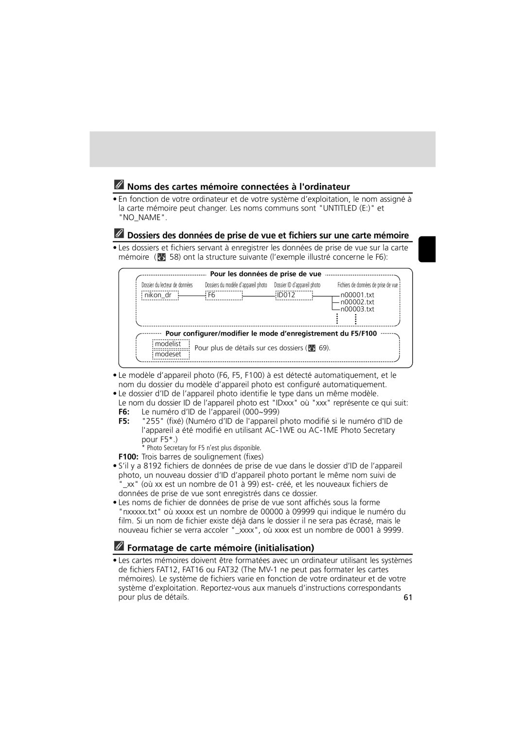 Nikon MV-1 instruction manual Noms des cartes mémoire connectées à lordinateur, Formatage de carte mémoire initialisation 