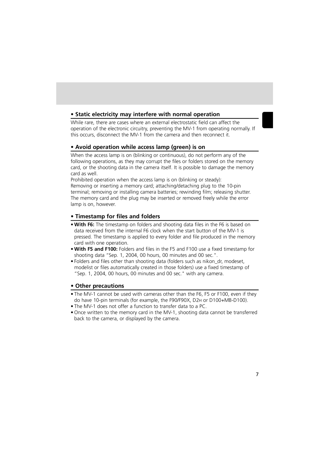 Nikon MV-1 Static electricity may interfere with normal operation, Avoid operation while access lamp green is on 