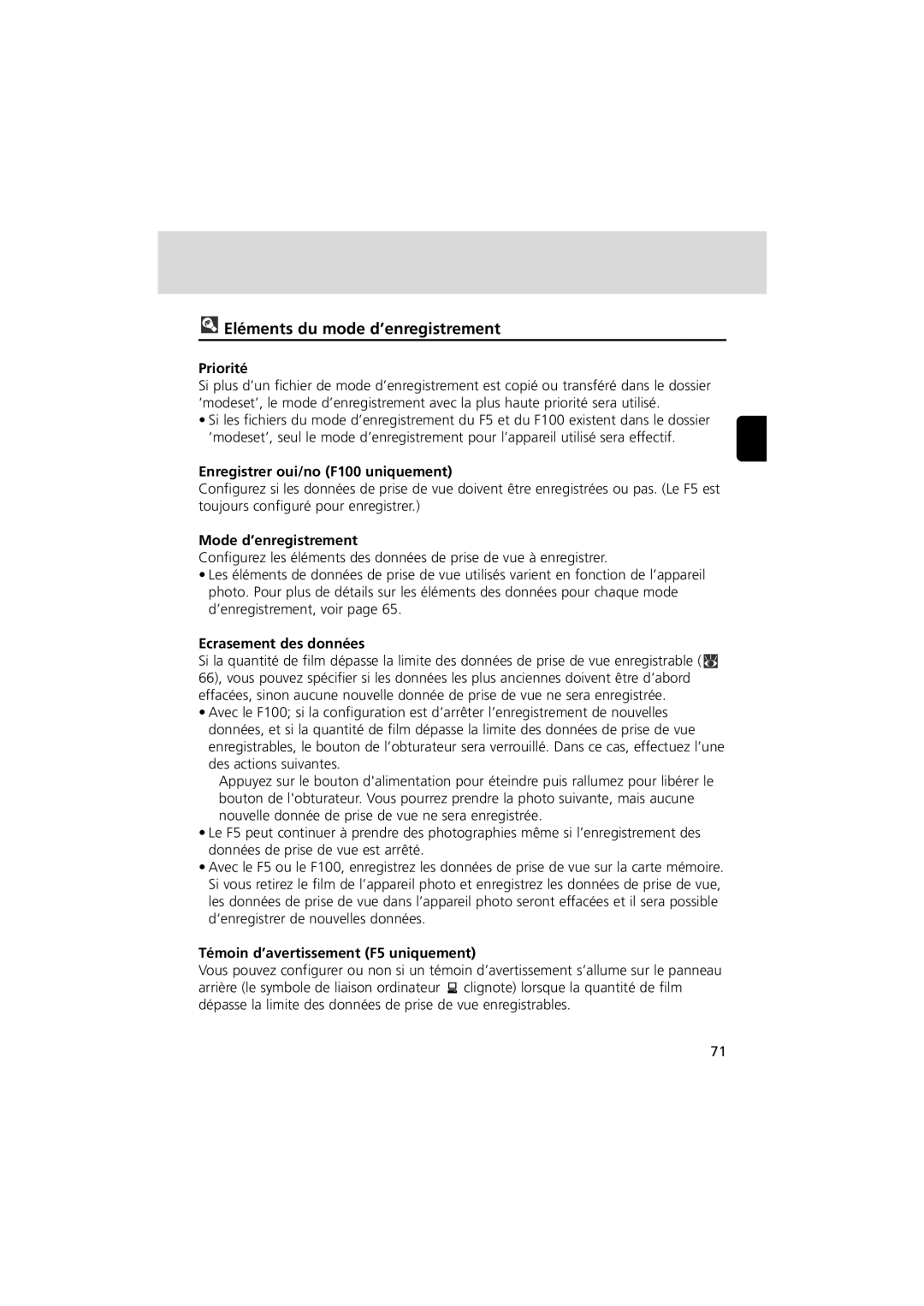 Nikon MV-1 instruction manual Eléments du mode d’enregistrement 