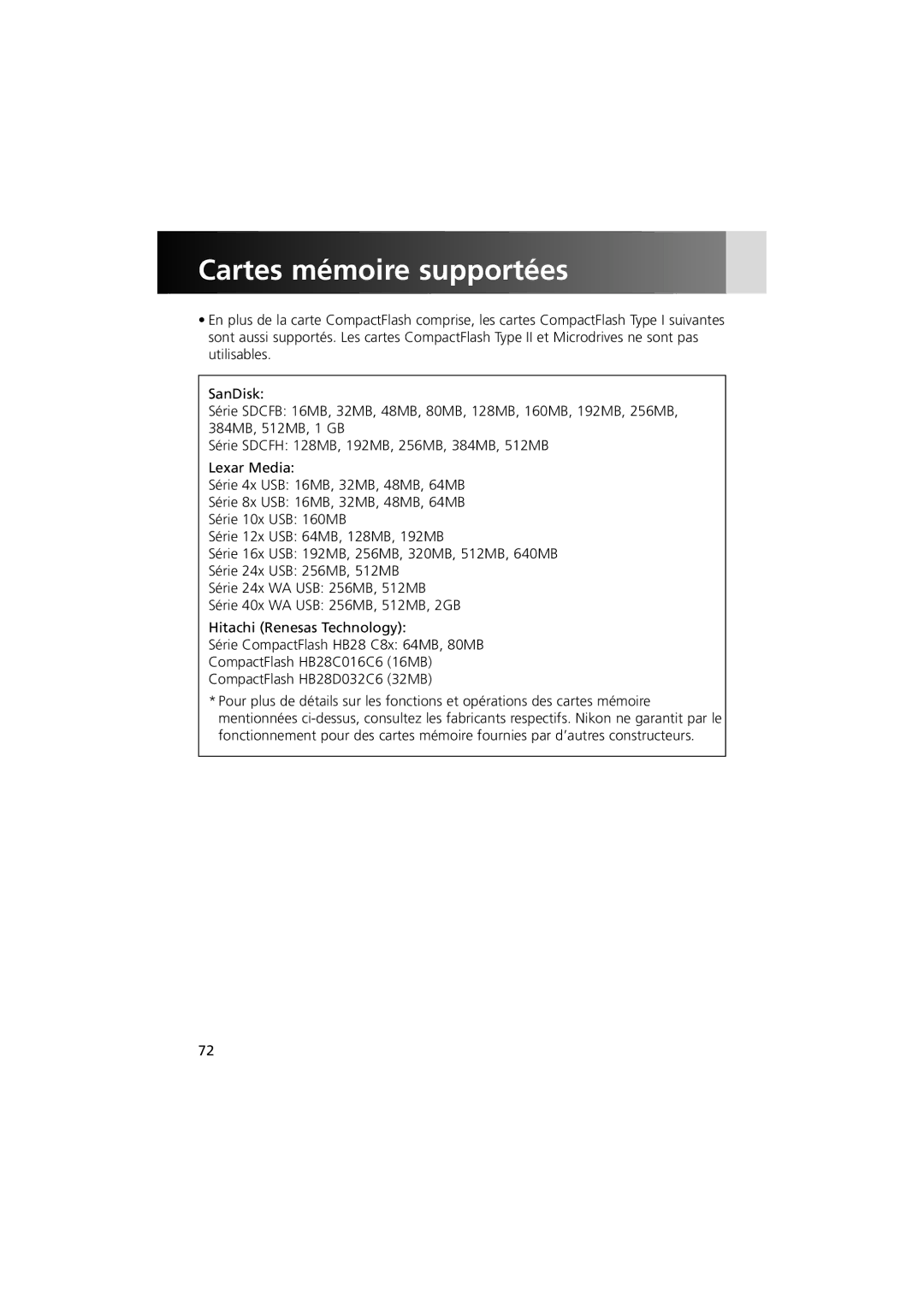 Nikon MV-1 instruction manual Cartes mémoire supportées 