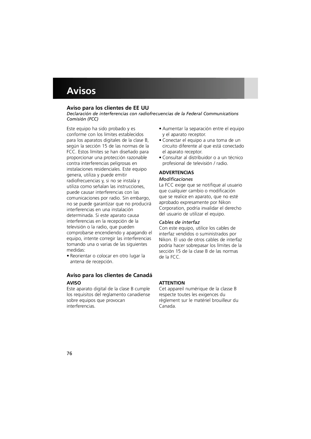 Nikon MV-1 instruction manual Avisos, Aviso para los clientes de EE UU, Aviso para los clientes de Canadá 