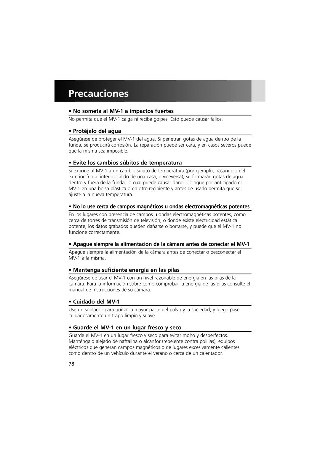 Nikon MV-1 instruction manual Precauciones 