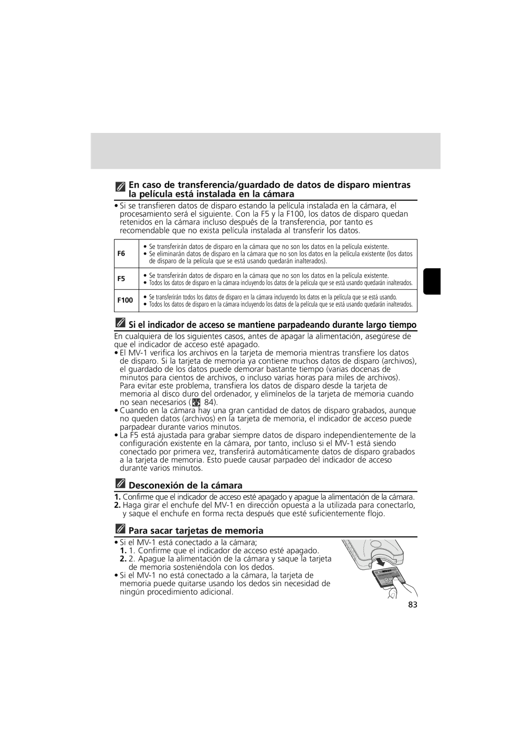 Nikon MV-1 instruction manual Desconexión de la cámara, Para sacar tarjetas de memoria 