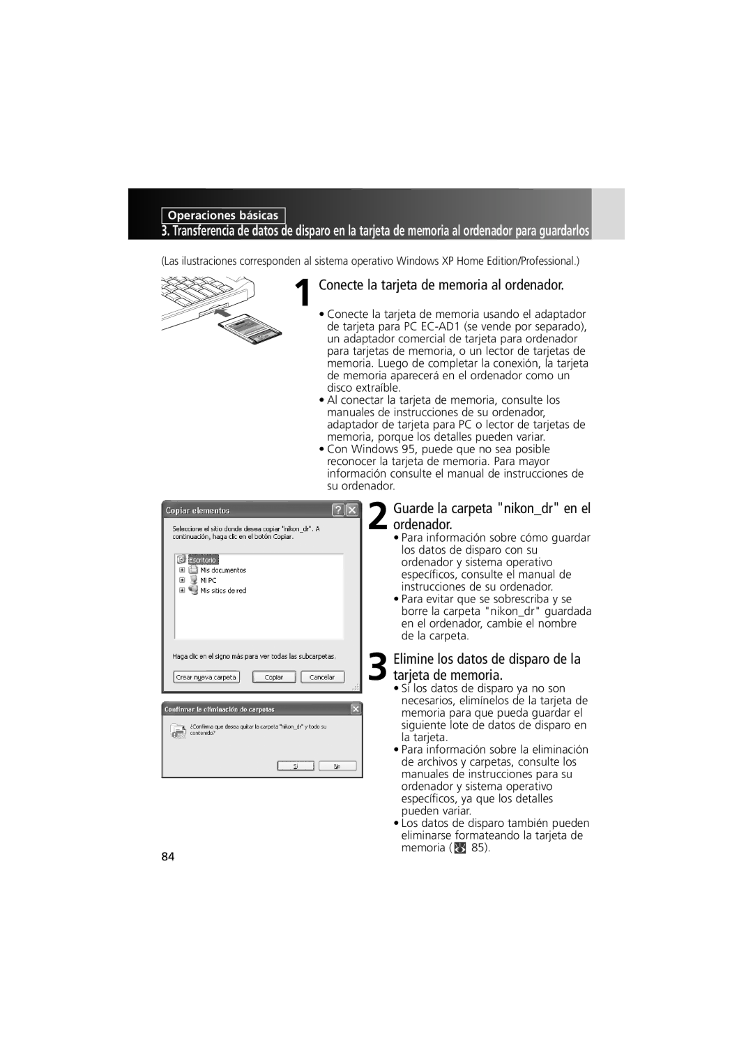 Nikon MV-1 instruction manual Conecte la tarjeta de memoria al ordenador, Guarde la carpeta nikondr en el ordenador 