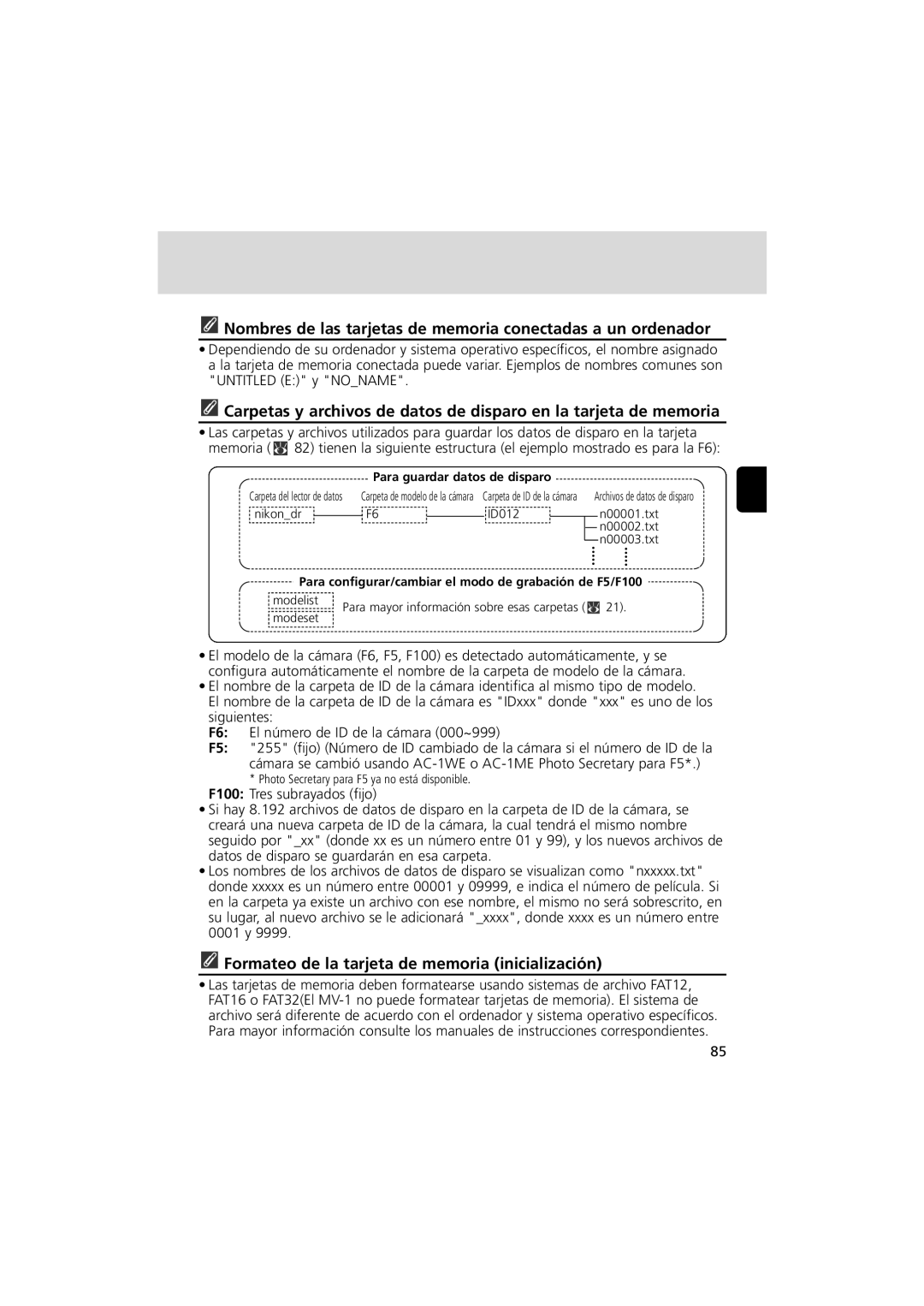 Nikon MV-1 Nombres de las tarjetas de memoria conectadas a un ordenador, Formateo de la tarjeta de memoria inicialización 