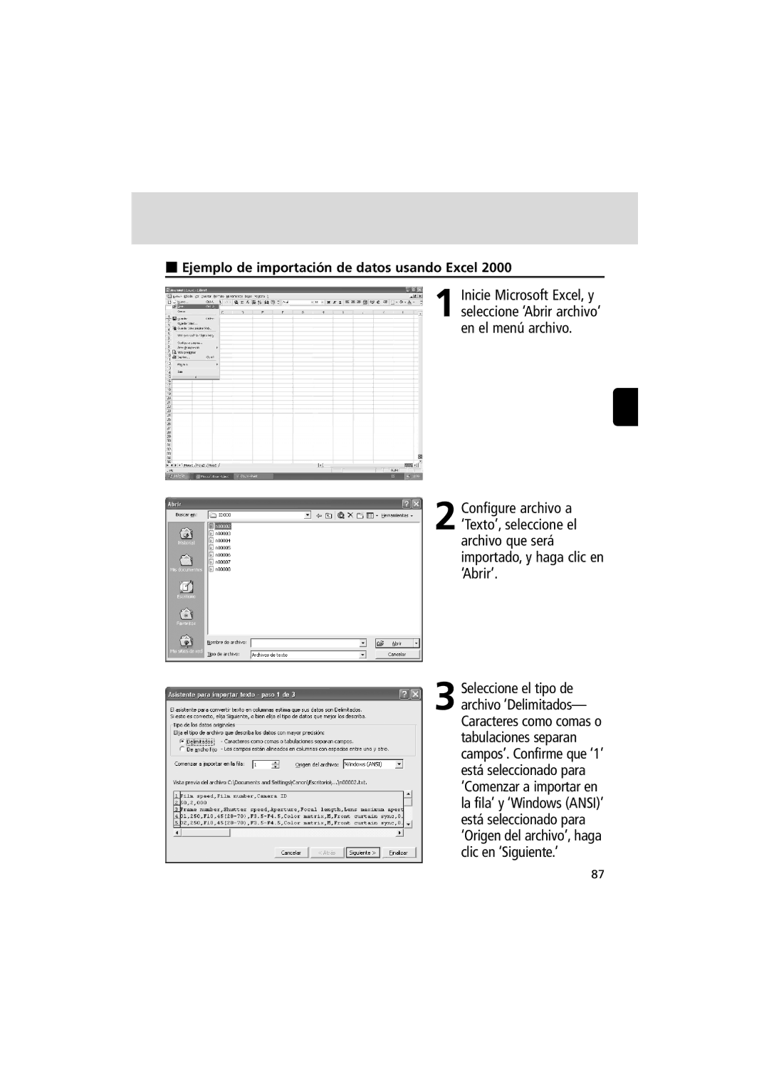 Nikon MV-1 instruction manual Ejemplo de importación de datos usando Excel 