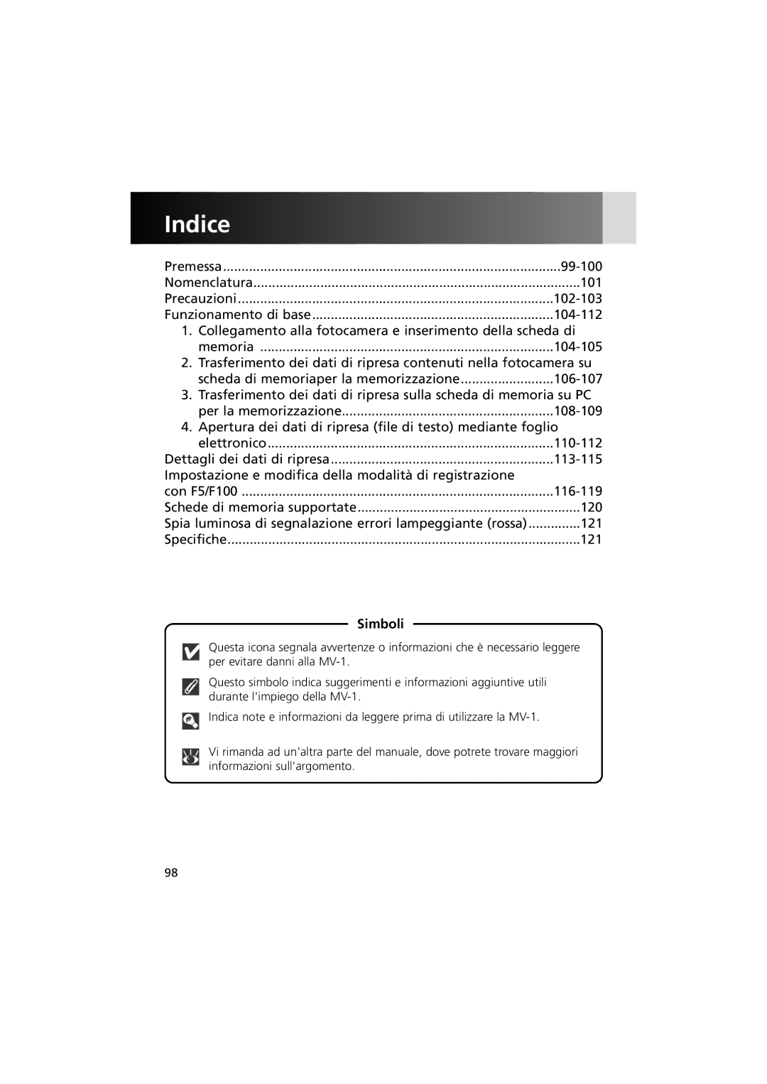 Nikon MV-1 instruction manual Indice, Simboli 