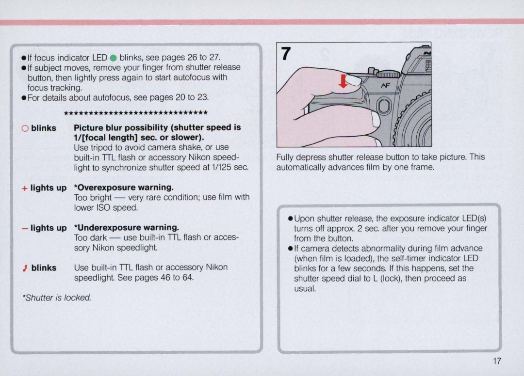 Nikon N5005 instruction manual + lights up · Overexposure warning, Lights up · Underexposure warning 