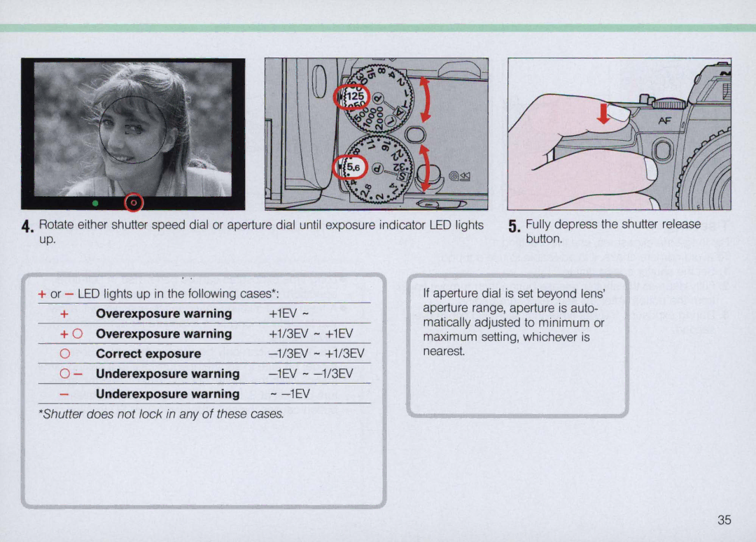 Nikon N5005 instruction manual + Overexposure warning +1EV, Correct exposure, Underexposure warning 1EV 
