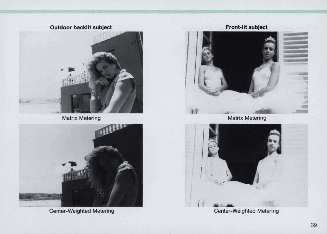 Nikon N5005 instruction manual Matrix Metering Center-Weighted Metering, Outdoor backlit subject Front-lit subject 