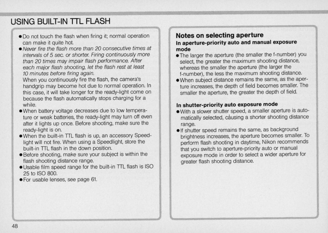 Nikon N5005 Using BUILT-IN TTL Flash, Aperture-priority auto and manual exposure mode, Shutter-priority auto exposure mode 