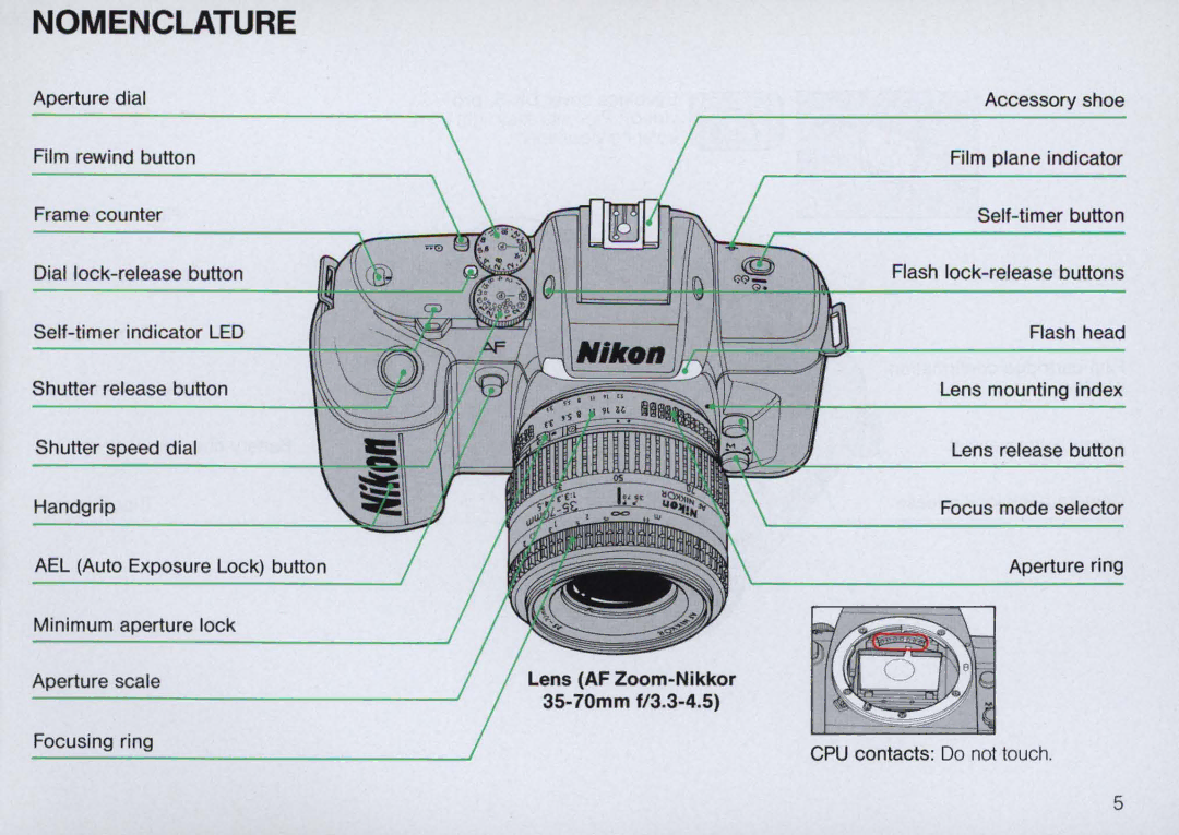 Nikon N5005 instruction manual Nomenclature, Lens AF Zoom-Nikkor 35-70mm f/3.3-4.5 