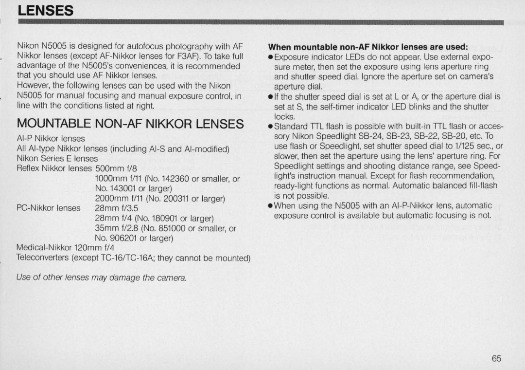 Nikon N5005 instruction manual Lenses, When mountable non-AF Nikkor lenses are used 