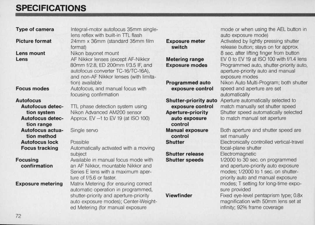 Nikon N5005 instruction manual Specifications 