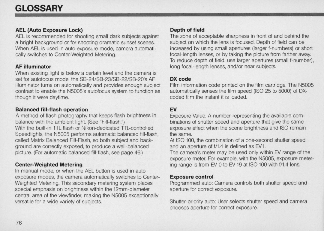 Nikon N5005 instruction manual Glossary 