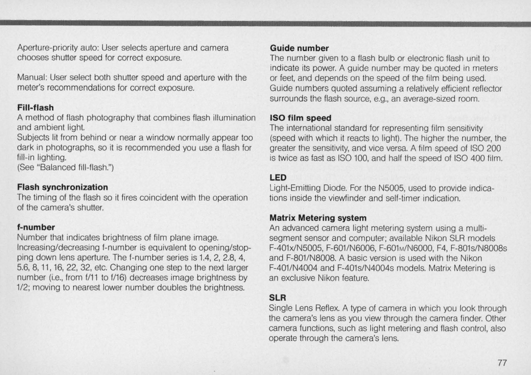 Nikon N5005 instruction manual Flash synchronization, Number, ISO film speed, Matrix Metering system 