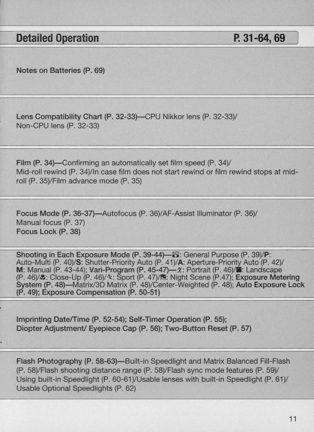 Nikon N60 instruction manual Detailed Operation, 31-64,69 