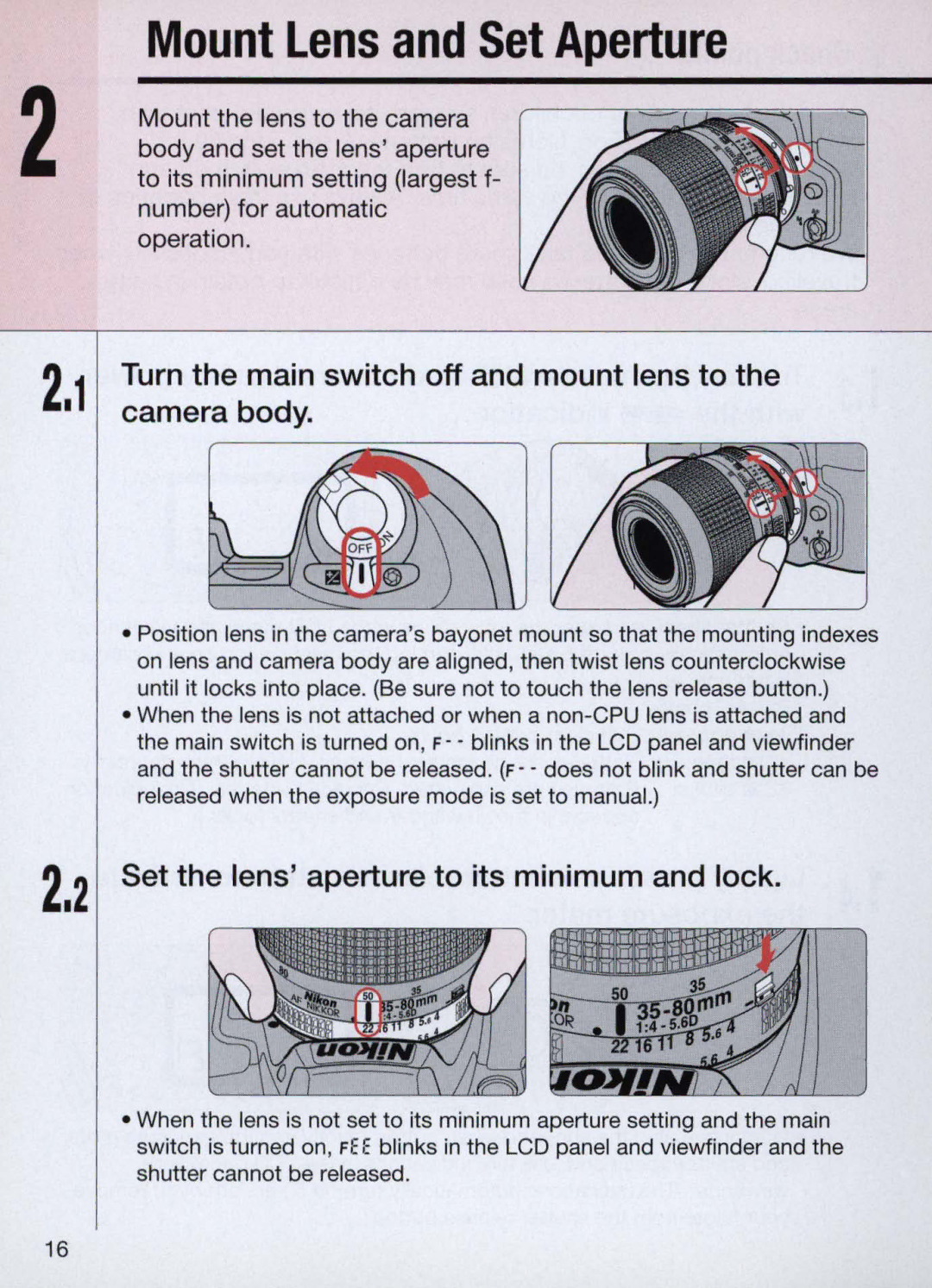 Nikon N60 instruction manual Mount Lens and Set Aperture, Turn the main switch off and mount lens to the camera body 