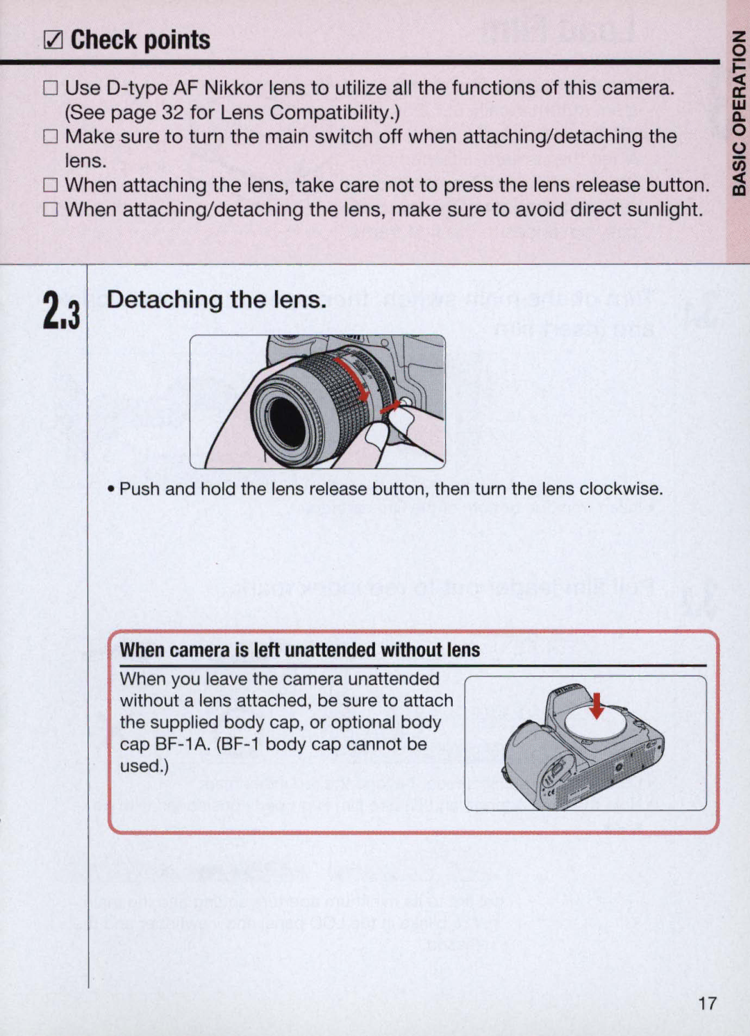 Nikon N60 instruction manual Detaching the lens, When camera is left unattended without lens 