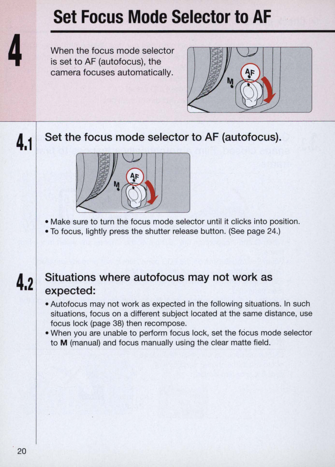 Nikon N60 instruction manual Set Focus Mode Selector to AF, Set the focus mode selector to AF autofocus 