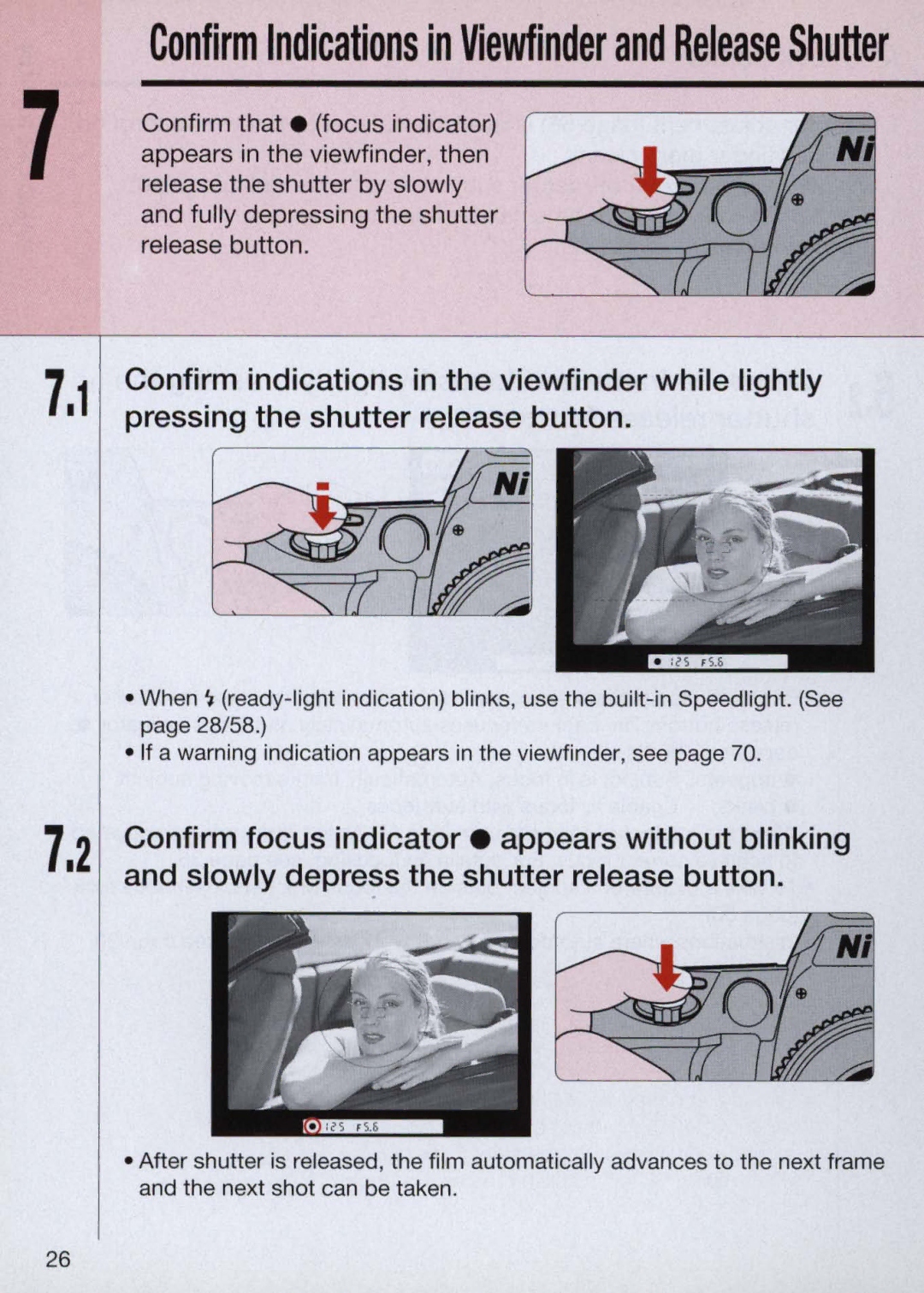 Nikon N60 instruction manual Confirm Indications in Viewfinder and Release Shutter 