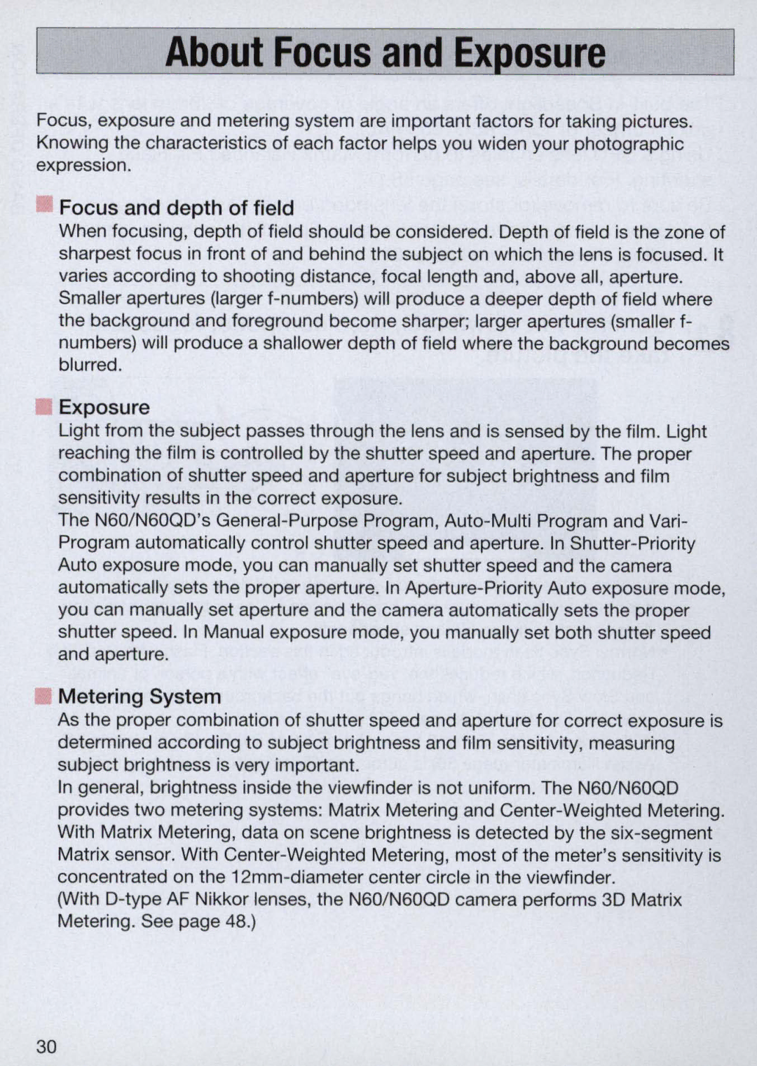 Nikon N60 instruction manual About Focus and Ex osure, Focus and depth of field 