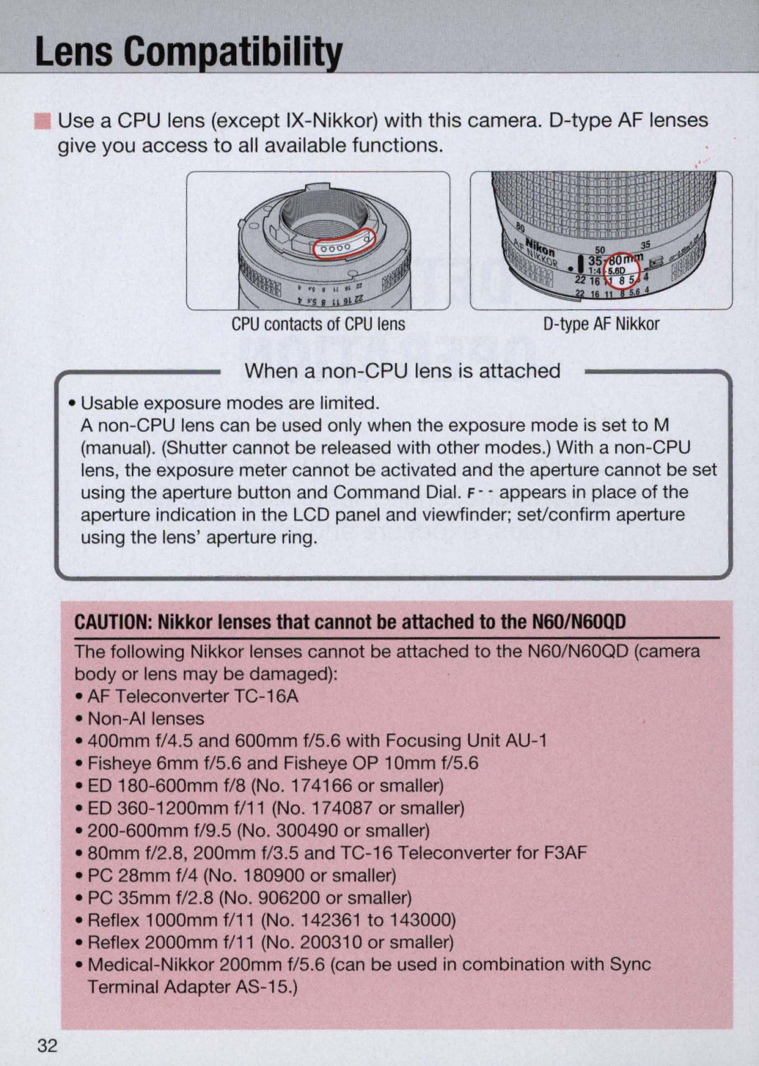 Nikon N60 instruction manual When a non-CPU lens is attached 