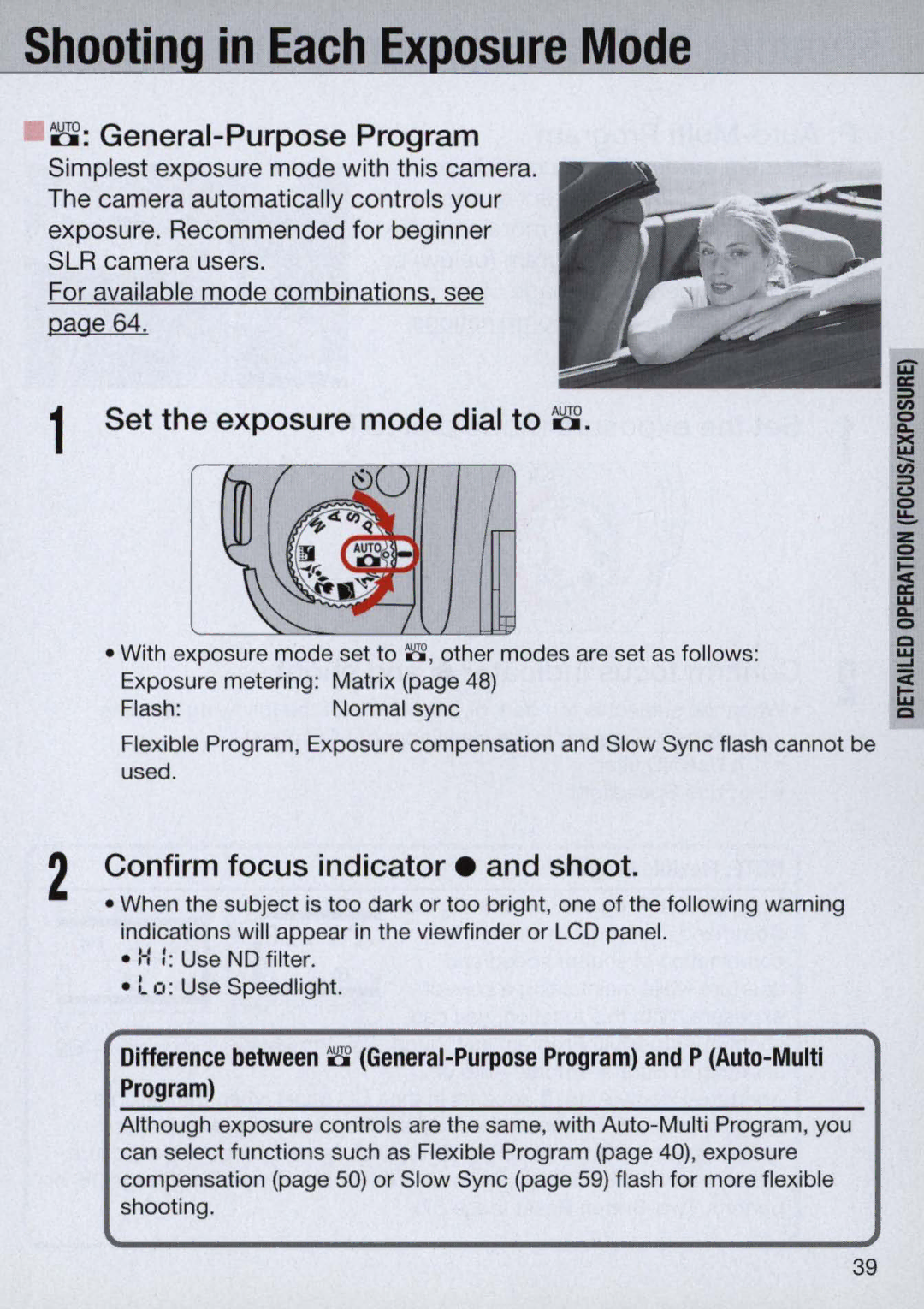 Nikon N60 instruction manual Shootin in Each Ex osure Mode, General-Purpose Program, Confirm focus indicator. and shoot 