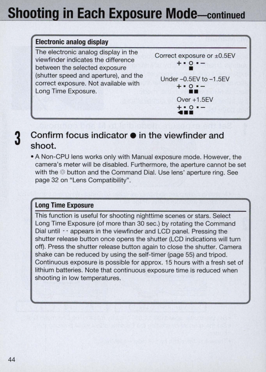 Nikon N60 instruction manual Shootin in Each Ex osure Mode---iontinued, Confirmshoot. focus indicator. in the viewfinder 