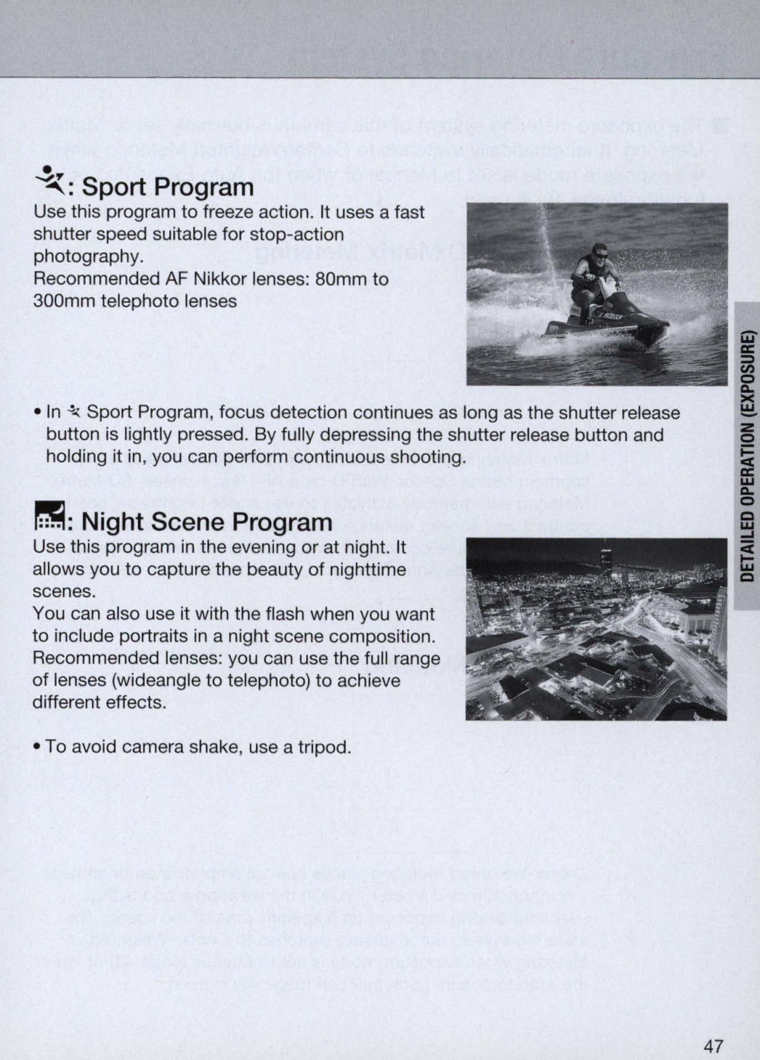 Nikon N60 instruction manual ~ Sport Program, ~ Night Scene Program 