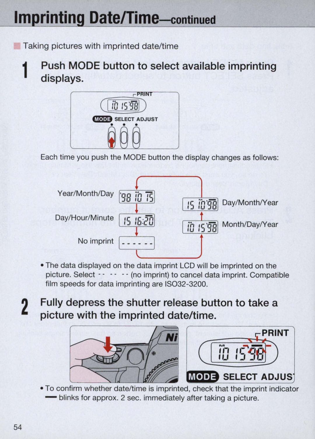 Nikon N60 instruction manual DatelTime, Push Mode button to select available imprinting displays 