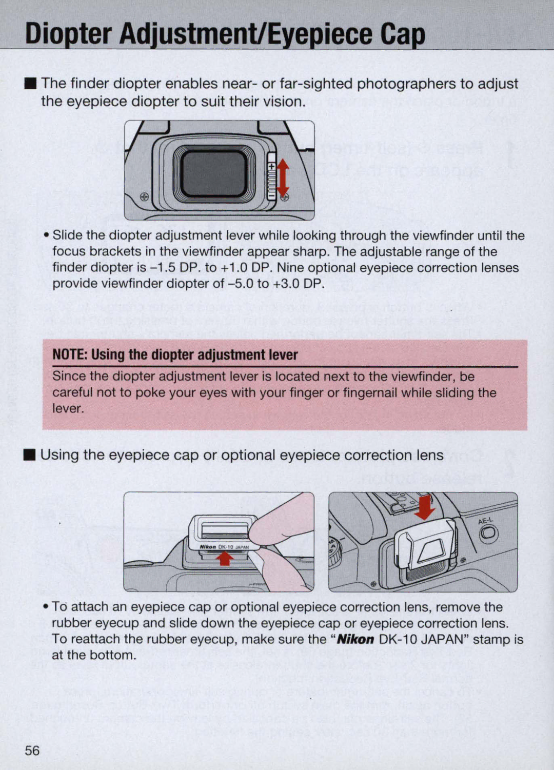 Nikon N60 instruction manual Using the eyepiece cap or optional eyepiece correction lens 