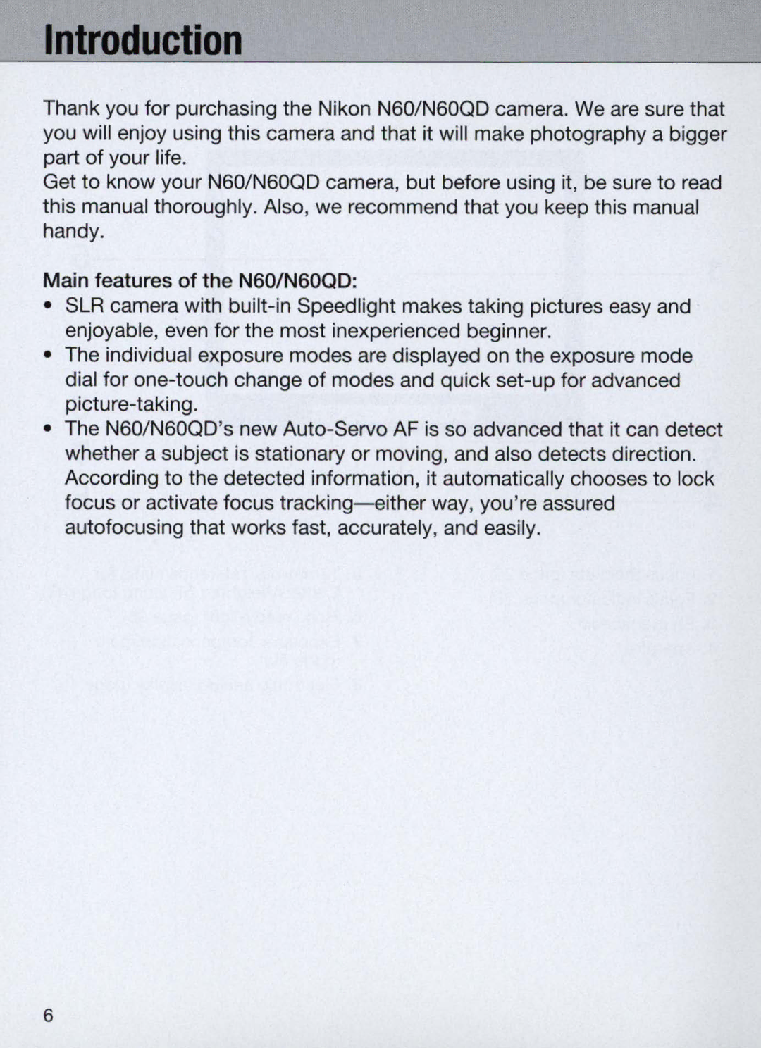 Nikon N60 instruction manual Introduction 