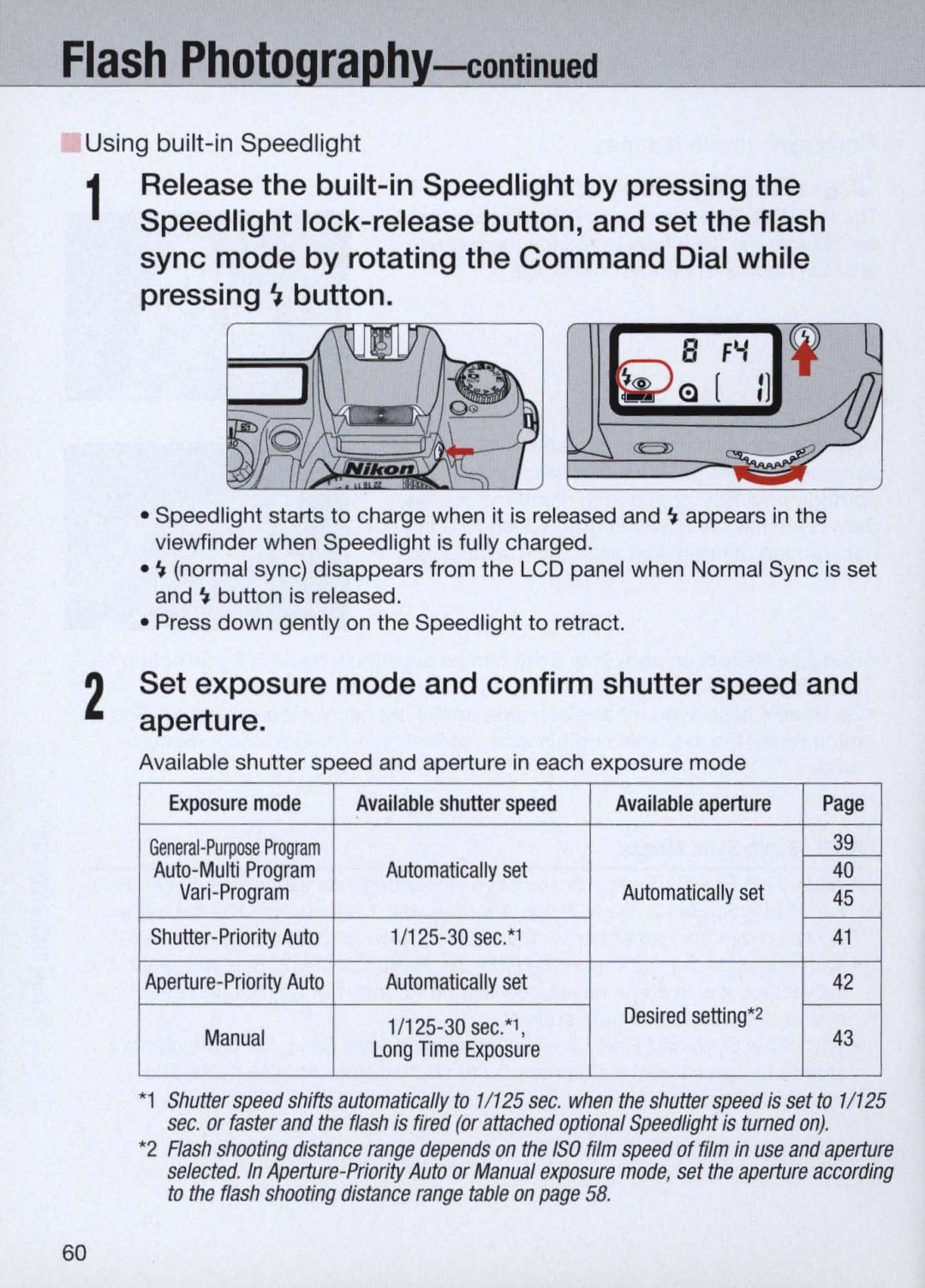 Nikon N60 instruction manual Set exposure mode and confirm shutter speed and aperture 