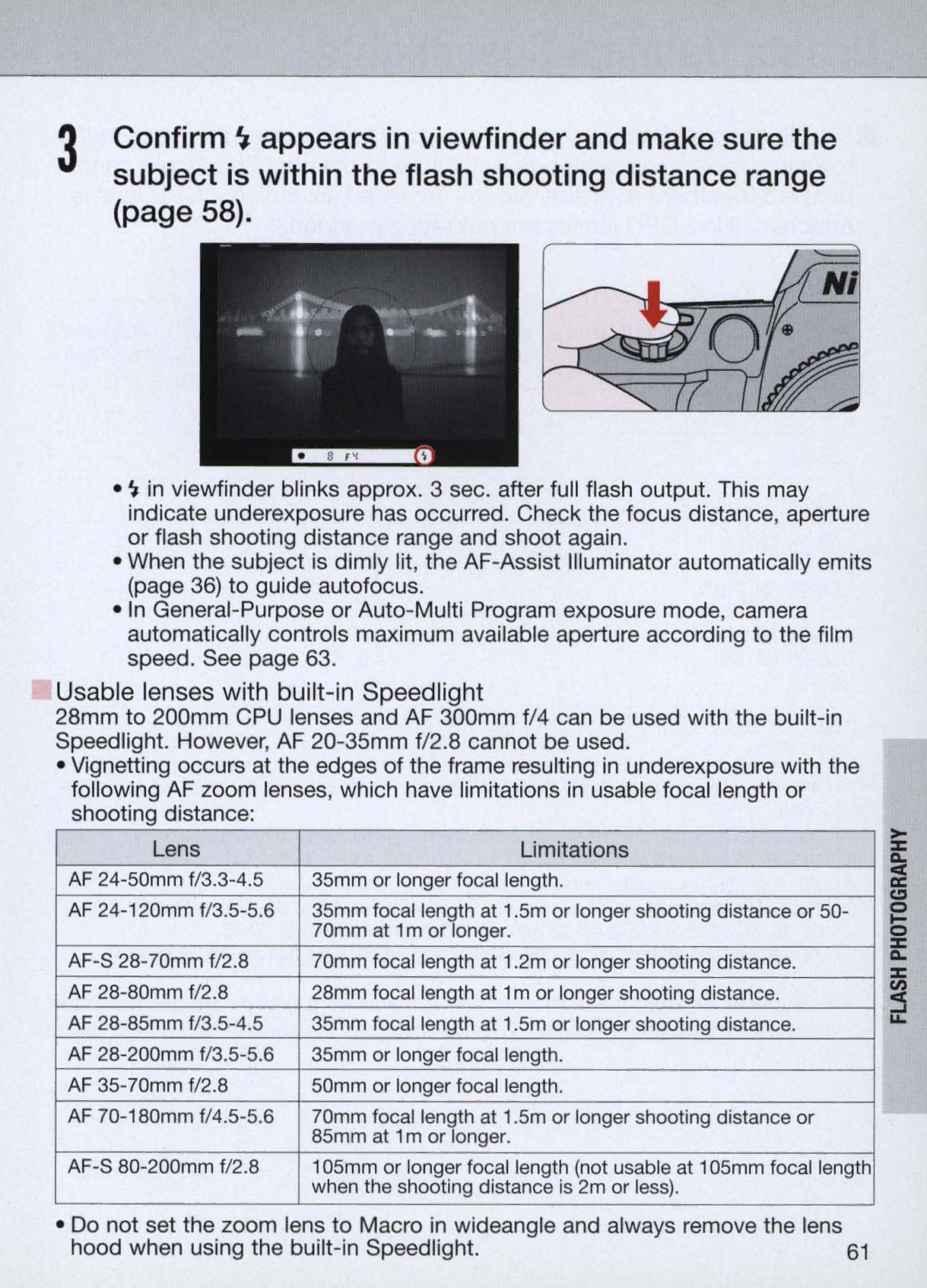 Nikon N60 instruction manual Usable lenses with built-in Speedlight 